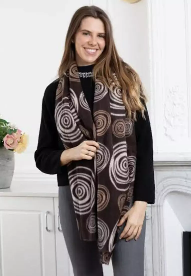 Aksesoris Syal Tebal Wanita Layers Circular Print Cashmere Shawl Dark Brown
