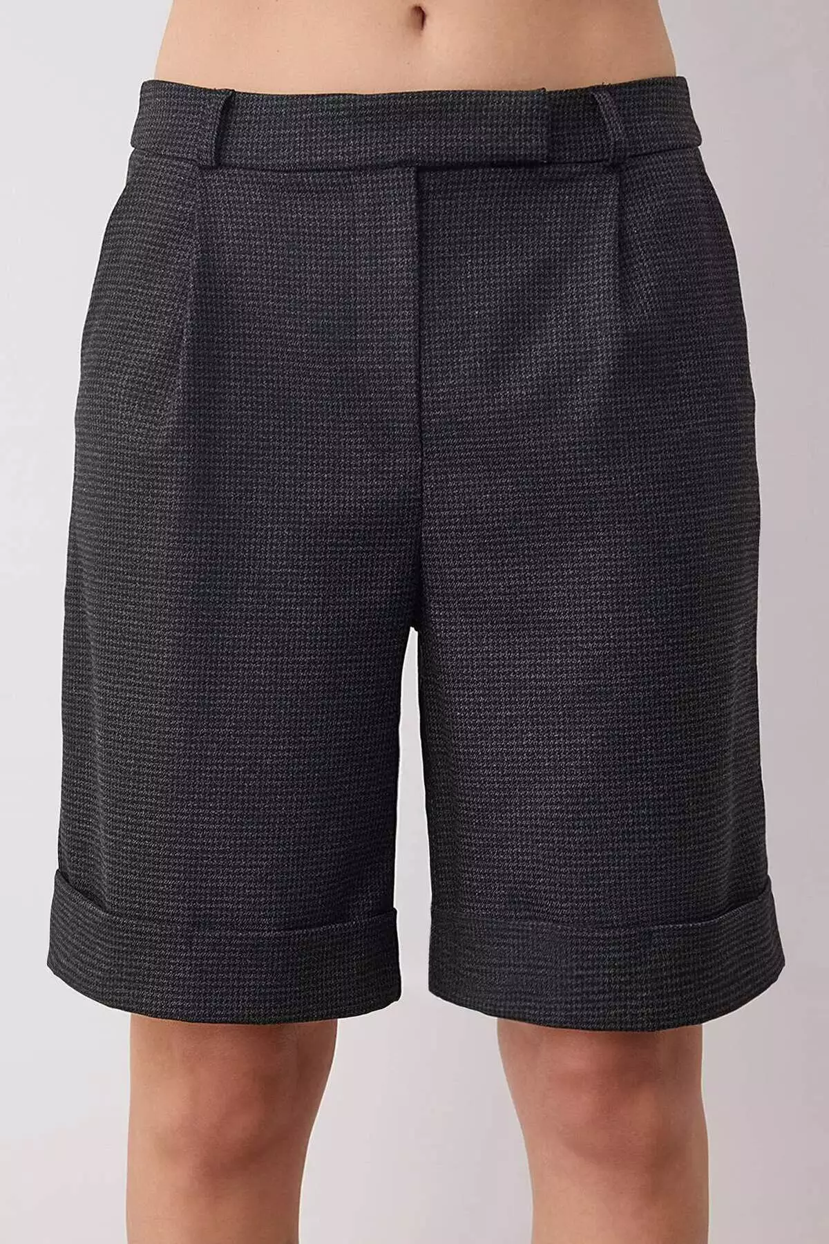Anthracite Mini Houndstooth Patterned Double Leg Fabric Shorts & Bermuda