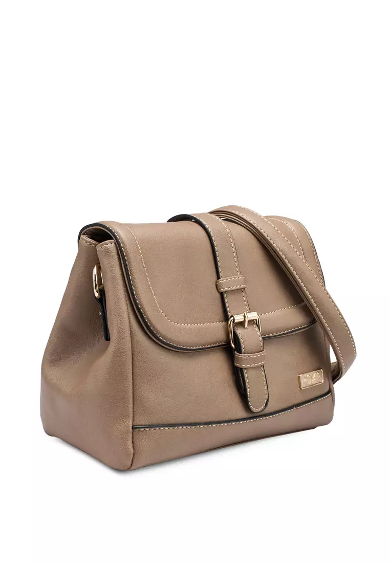 Faux Leather Sling Bag With Flap Over Closure