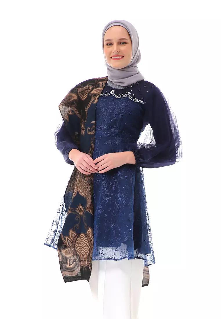 Aidah Tunik Long Sleeve Wanita Soft Comfortable Batik Premium High Quality - Navy