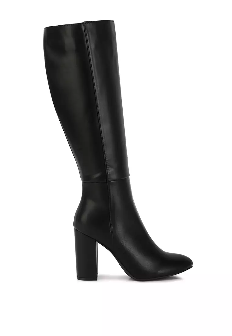 Black leather calf length cheap boots