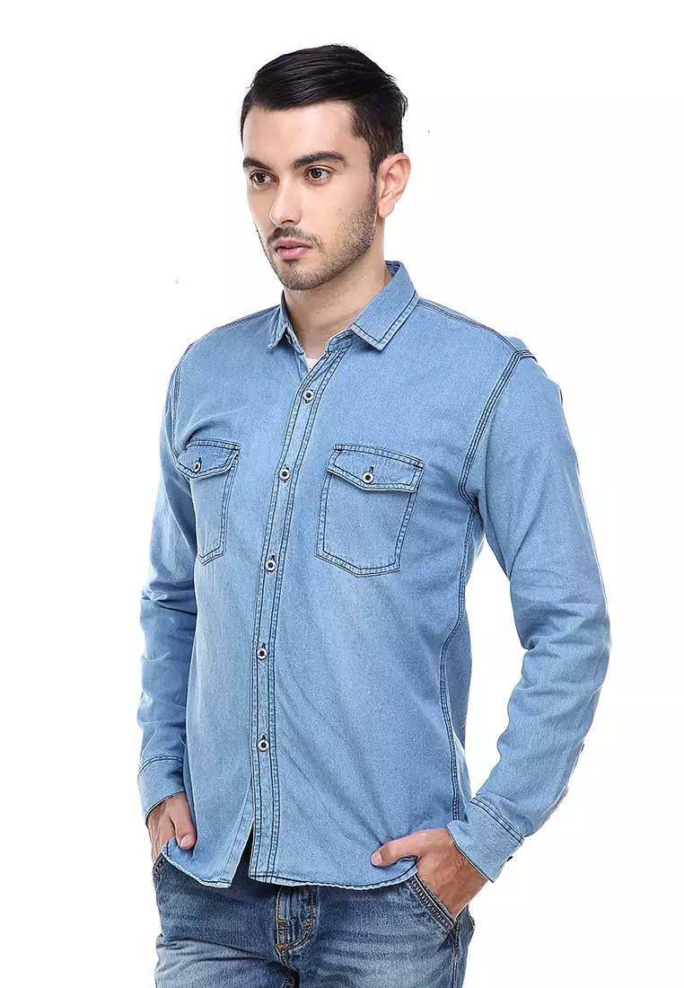 Dwan Casual Shirt Baju Kemeja Jeans Pria Lengan Panjang Material Denim ORIGINAL - Light Blue