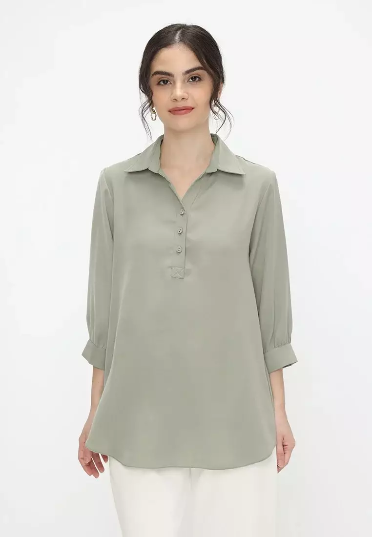 Blouse Plain Flowy V Neck By Brilliant Girl Warna Hijau