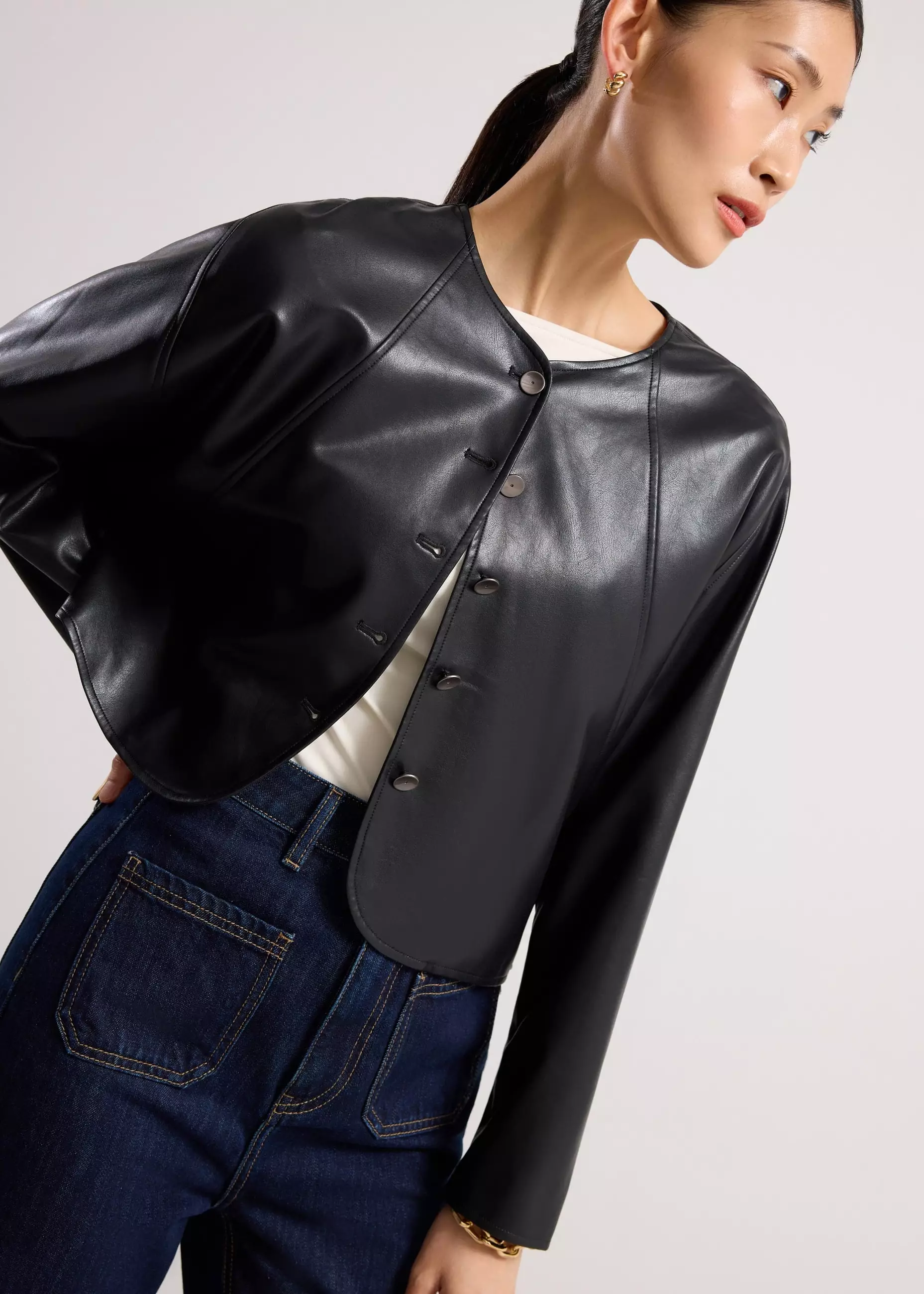 Jaket Wanita - Relaxed Vegan Leather Collarless Button Down Jacket