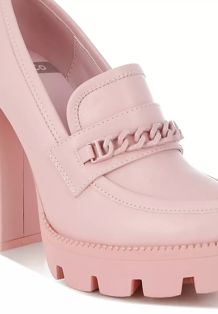 Chunky Chain Link Heeled Loafers in Pink