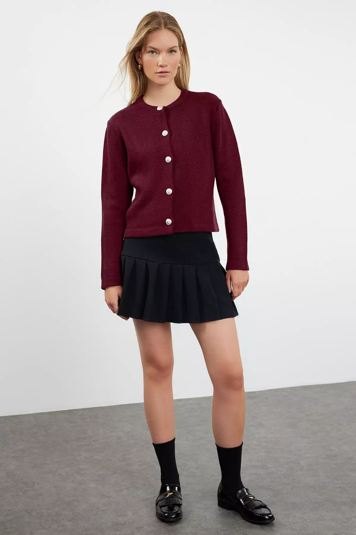 Burgundy Basic Jacket-Look Knitwear Cardigan