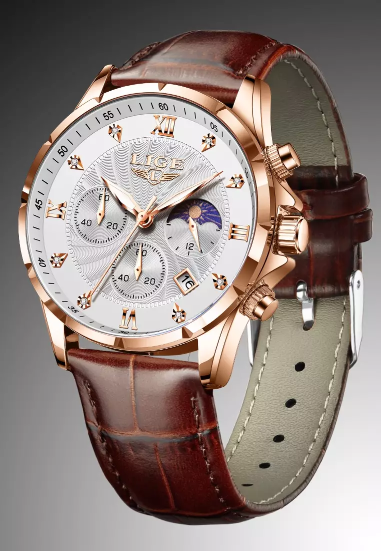 Chronograph Unisex IP Rose Gold color Stainless Steel Quartz Watch, White dial, Brown Leather Strap