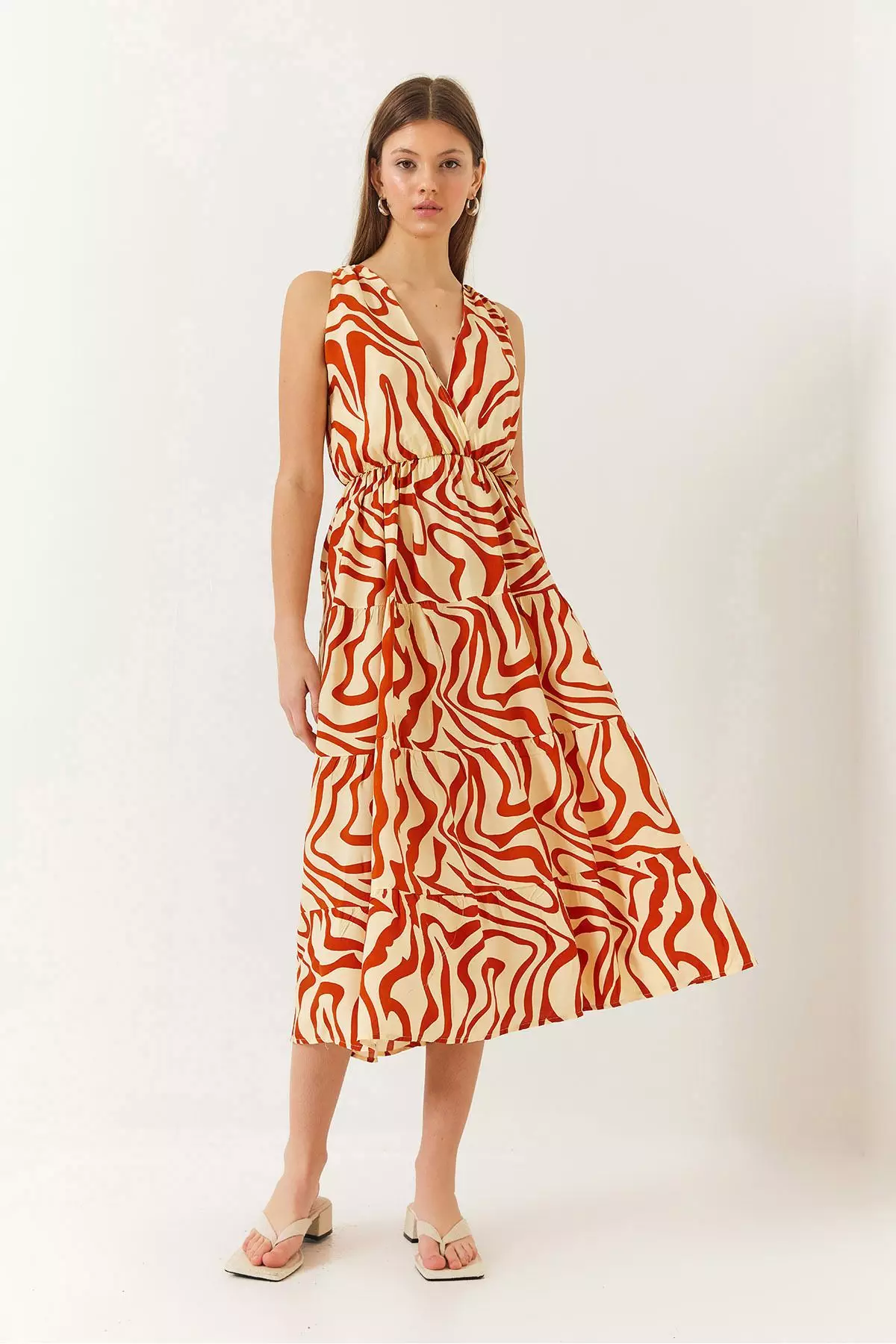 Women's Double Breasted Neckline Elastic Waist Back Rope Tie Print Dress 60261428