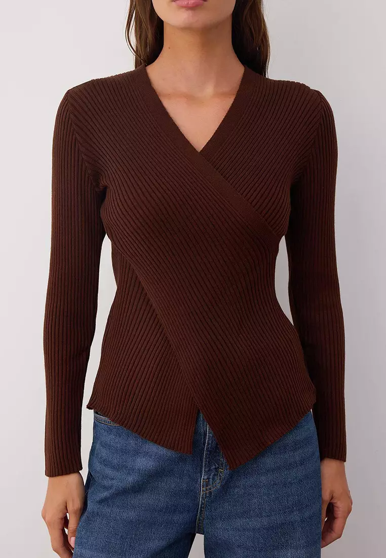 Brown*001 Fitted Plain Double Breasted Thin Knit Sweater Twoaw26Kz00178