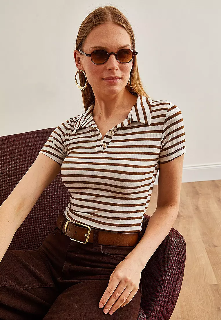 Women's Polo Neck Buttoned Lycra Blouse BLZ-19002558