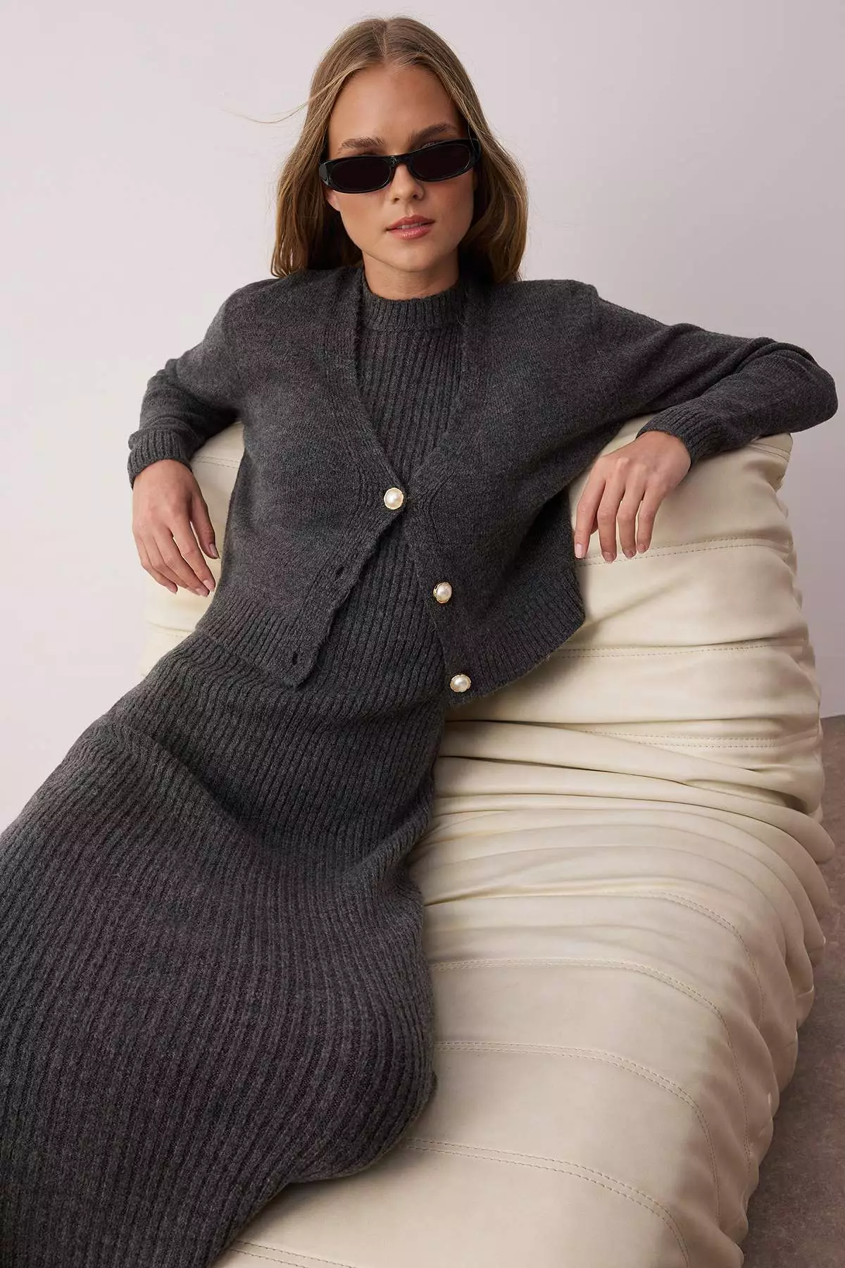 Anthracite Corded Soft Textured Knitwear Dress Cardigan Suit Tctaw25Us00049