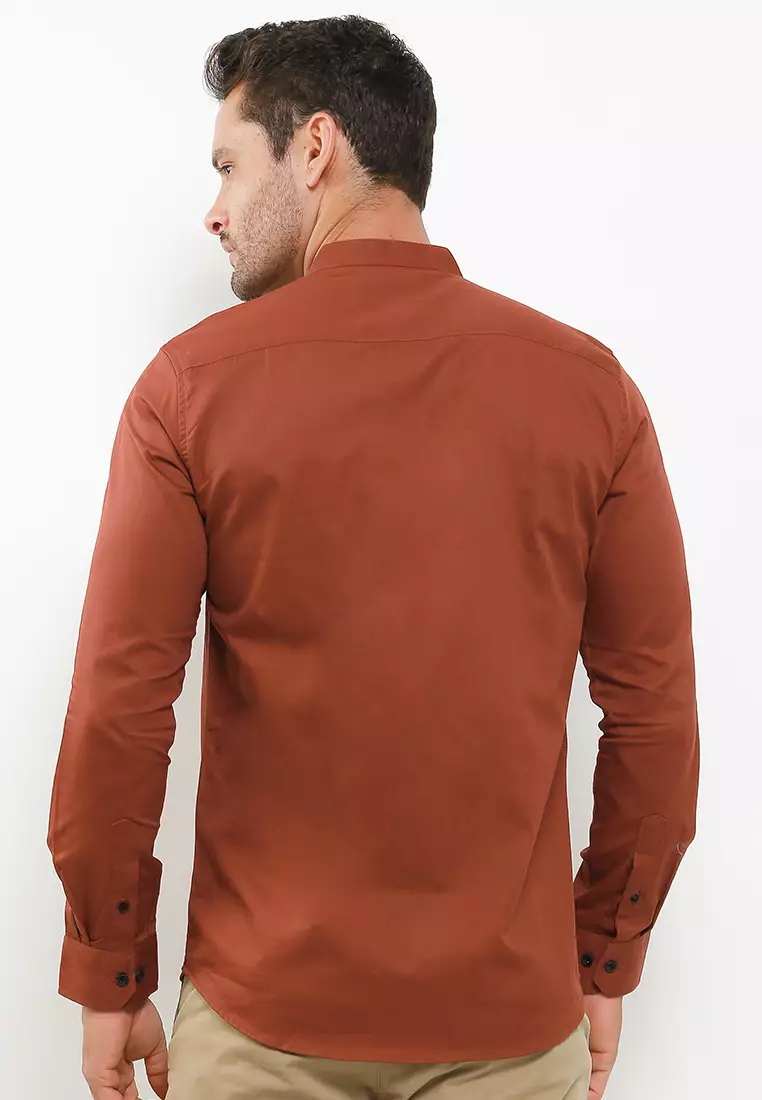 Cotton Well Badr Stand Collar Shirt Terracotta | Kemeja Koko Lengan Panjang Coklat Bata Terakota