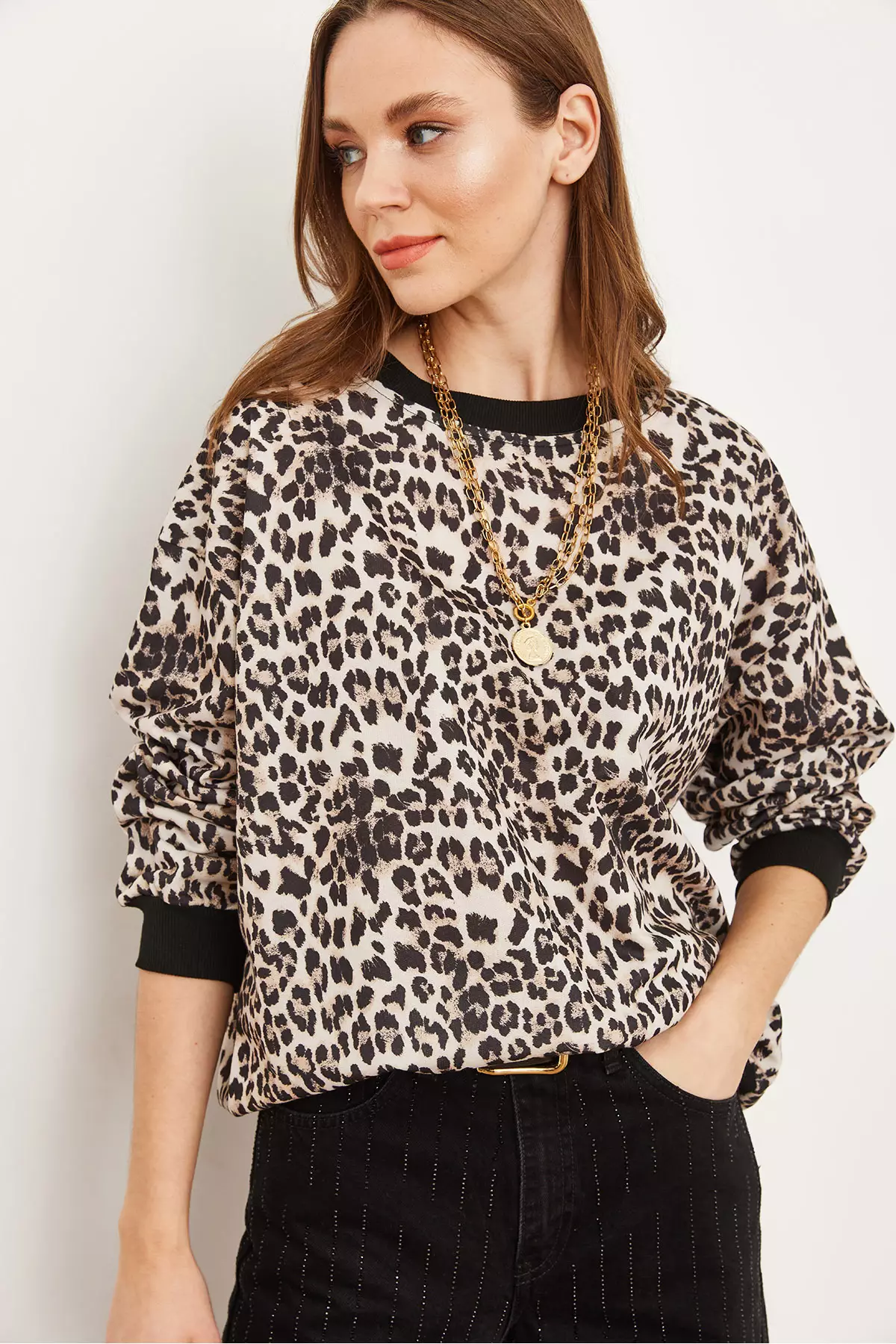 Women's Ecru Leopard Basic Soft Texture Casual Sweatshirt Swt-19000457