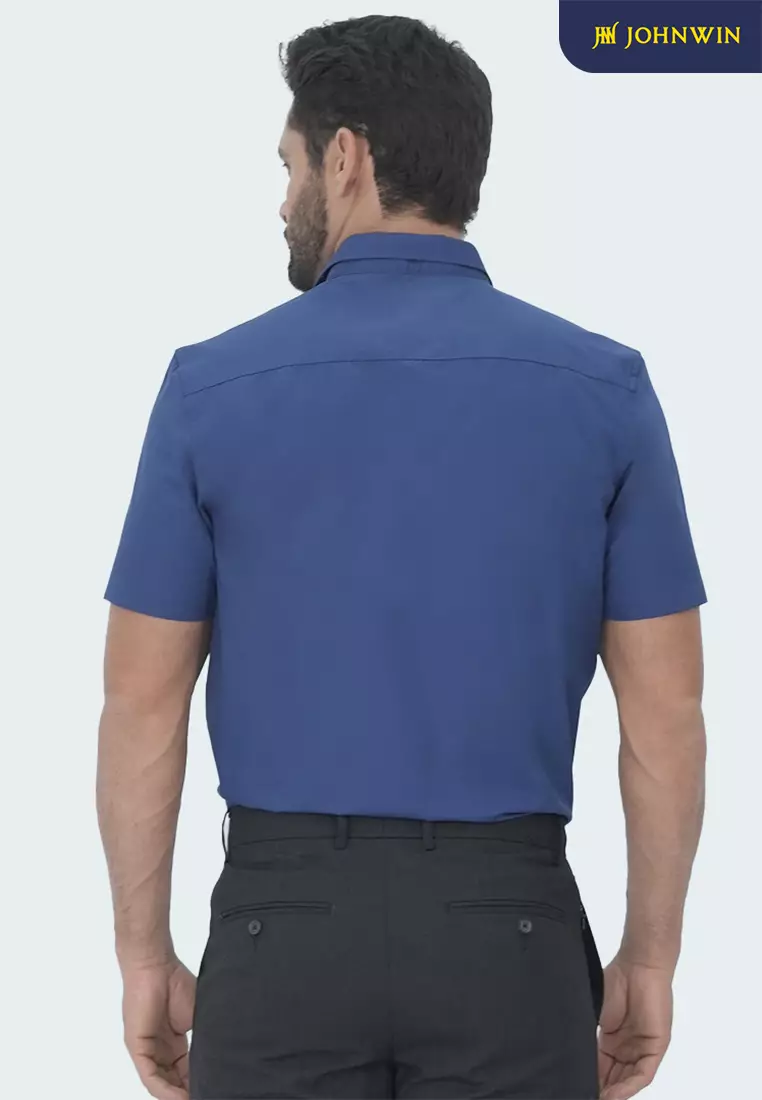 Johnwin - Kemeja Formal Oppulence - Kemeja Pria - Model Basic - Katun Knitting - Lengan Pendek - Slim Fit - Biru - FSH.650.K393.1013.C-S/S