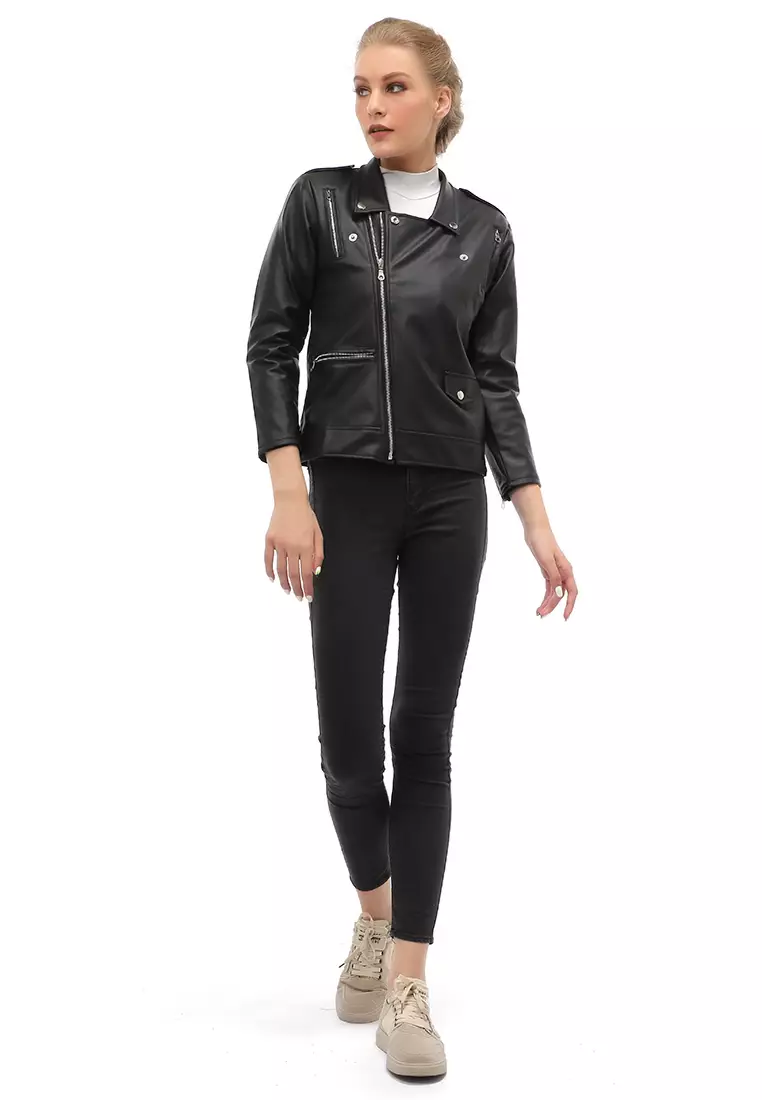 Glenice Jaket Kulit Casual Wanita Windproof Stylish Design Material Leather ORIGINAL - Black