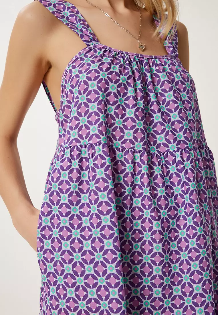 Women's Purple Patterned Flounced Summer Dress Fk00024