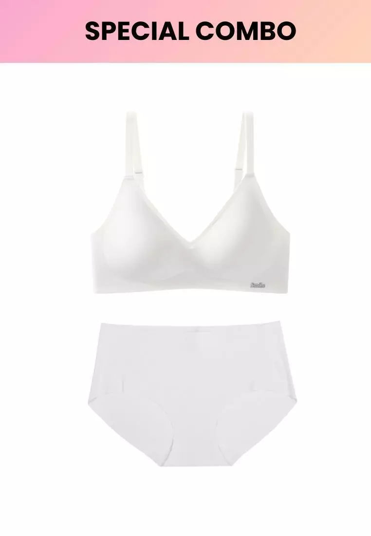 Special Bundle Premium Melanie Seamless Wireless Padded Support Bra in White and Dayana Panty in White