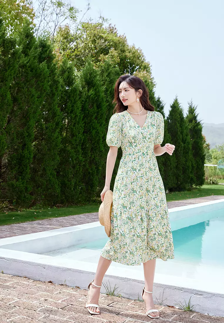 Puff Sleeve V-Neck Floral Summer Floral Dress
