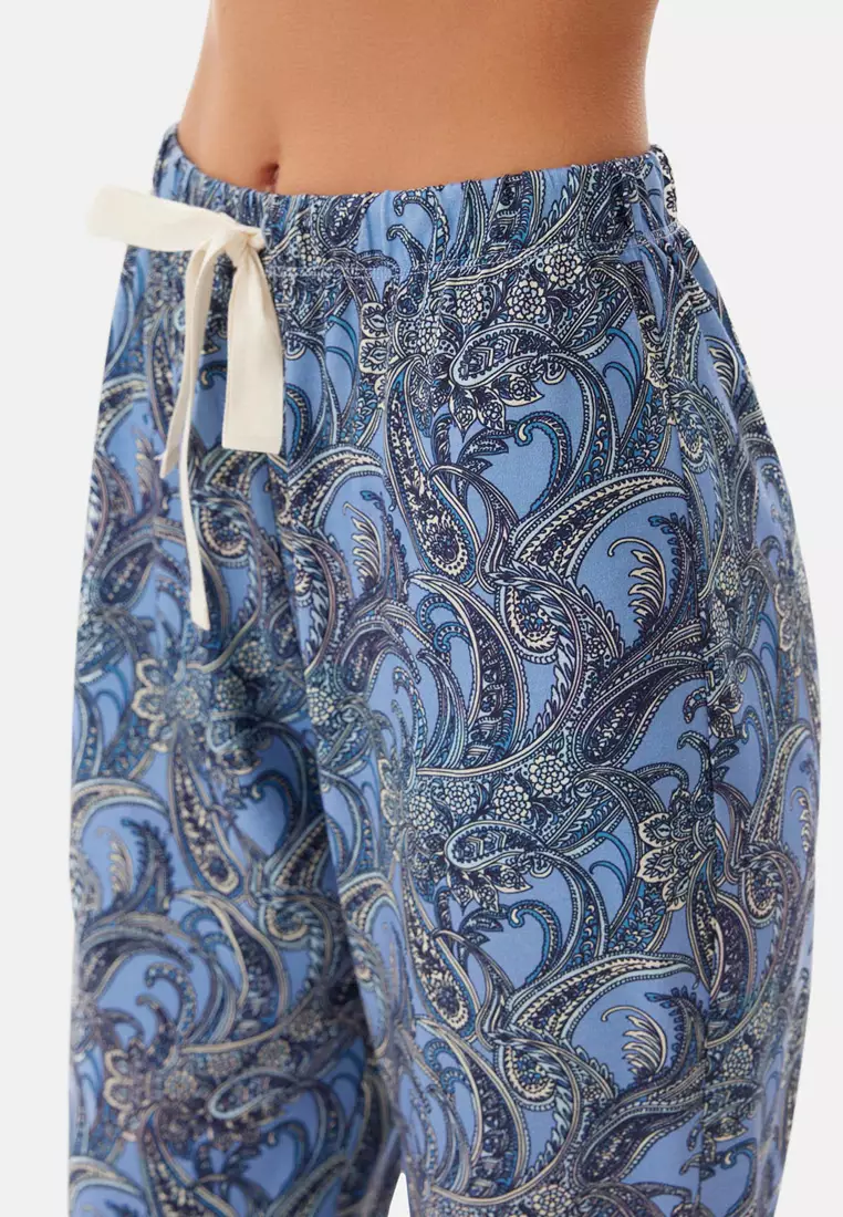 Blue Shirt & Trousers Knitwear Set, Paisley Printed, Shirt Collar, Regular, Long Leg, Short Sleeve Sleepwear for Women
