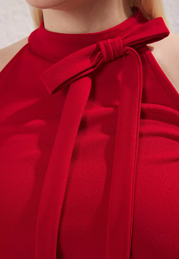 Red Halter Neck Knitting With Tie Detail Plus Size Blouse Tbbss25Af00007