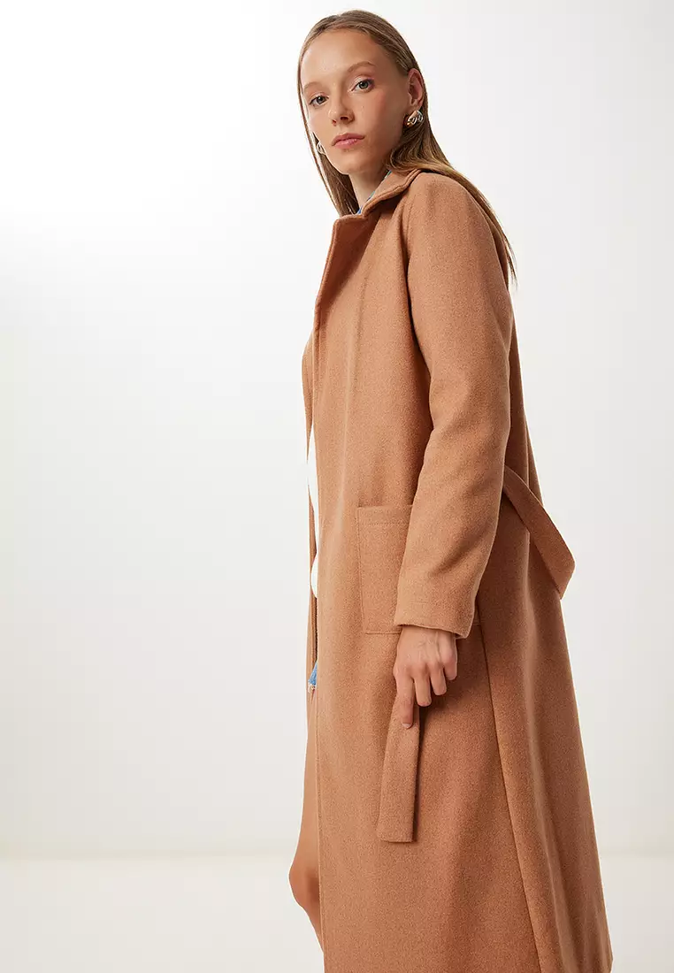 Women's Camel Double Breasted Collar Belted Cashmere Coat Mx00253