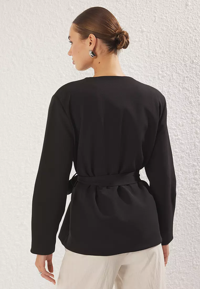 Black Double Breasted Tie Detail Woven Blazer Jacket TWOSS25BC00031