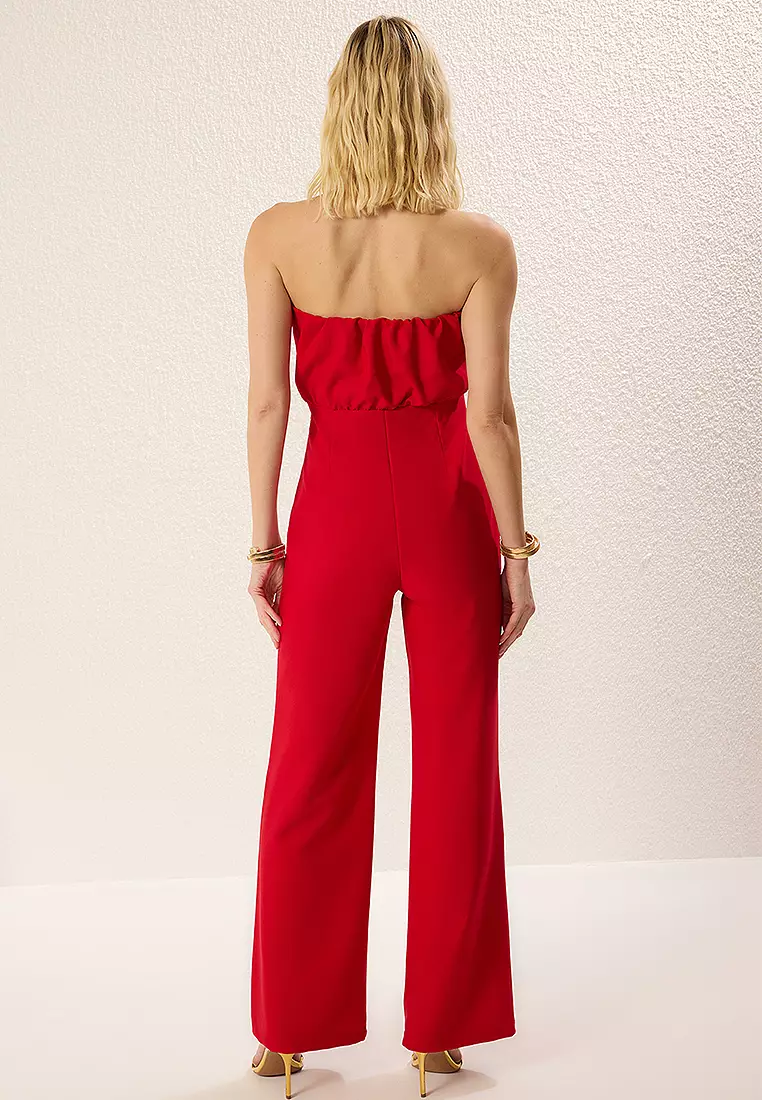 Red Strapless Woven Stylish Jumpsuit