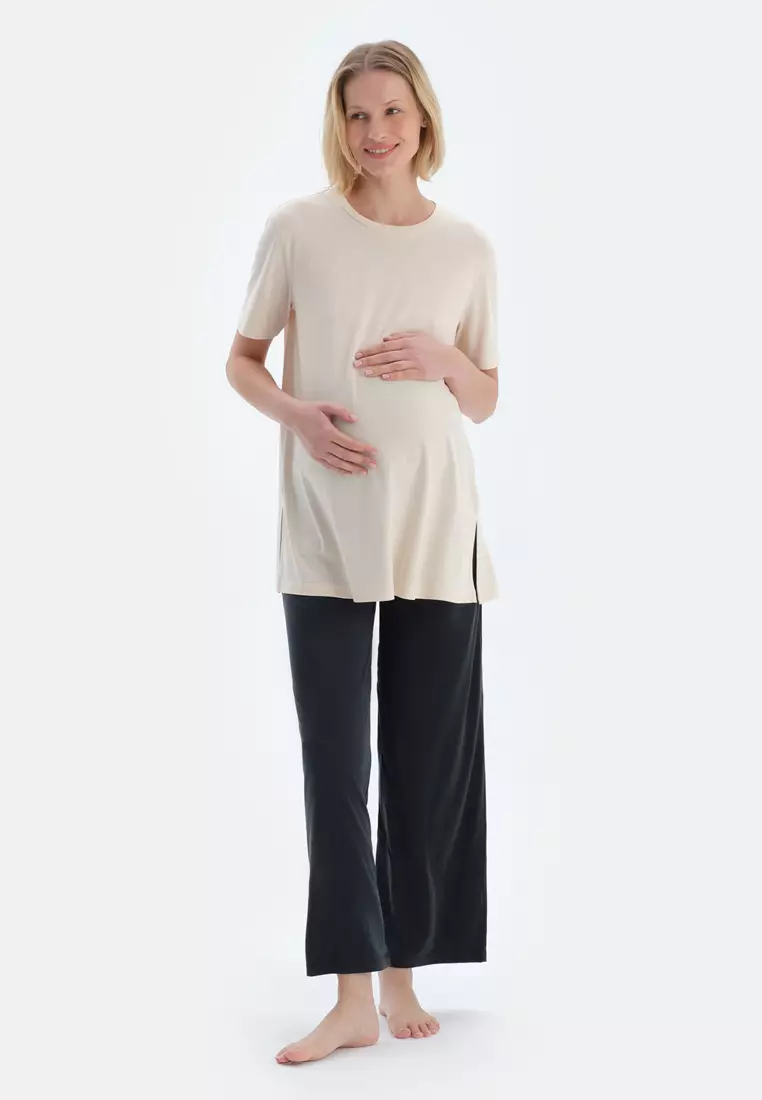 Ecru T-Shirt, Crew Neck, Regular, Short Sleeve Loungewear for Women