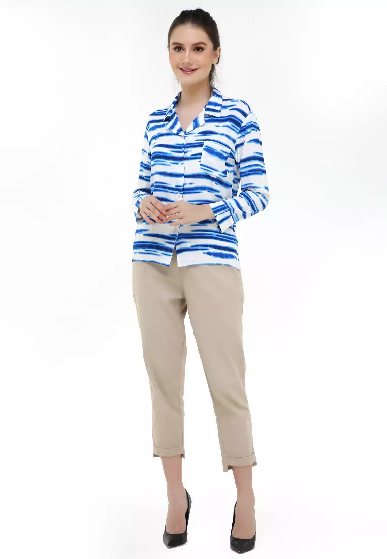 Carel Long Shirt Tie Dye Design Casual Kemeja Atasan Wanita - Biru