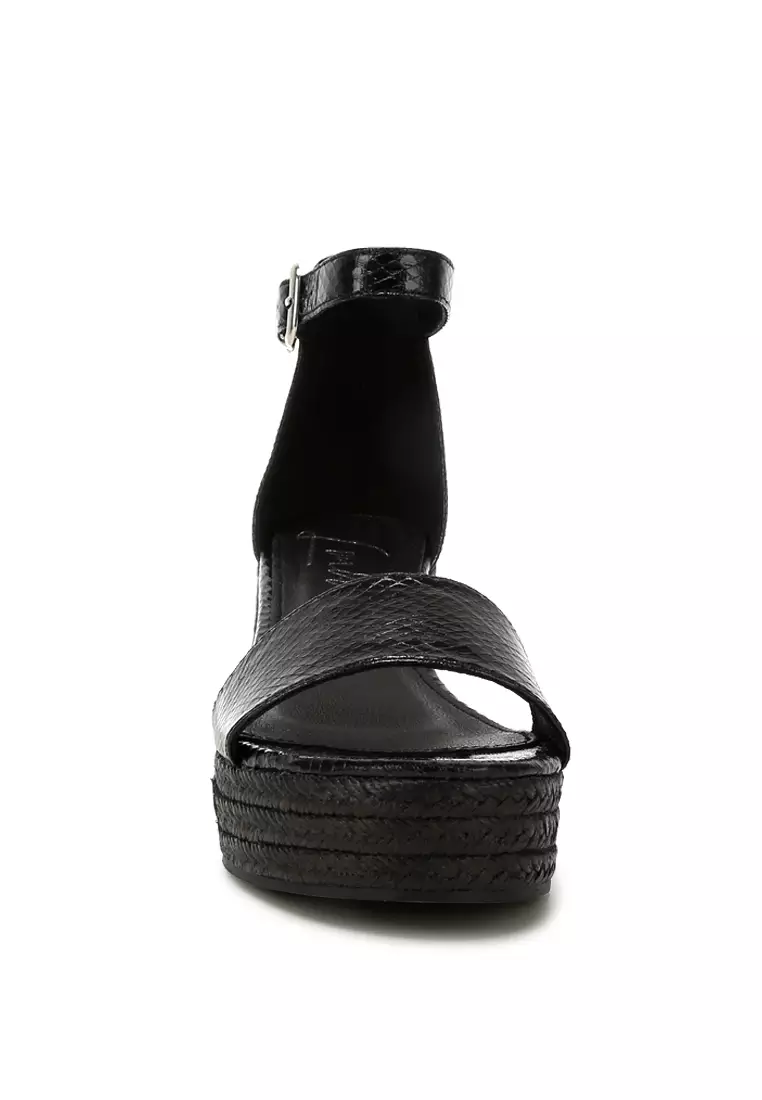 Black Faux Leather Snake Wedge Espadrilles