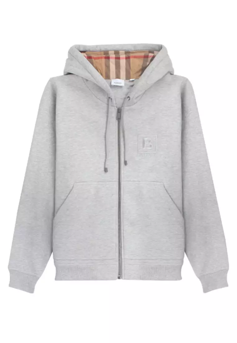 Burberry Letter Graphic Cotton Blend Zip Hoodie Pale Grey Melange