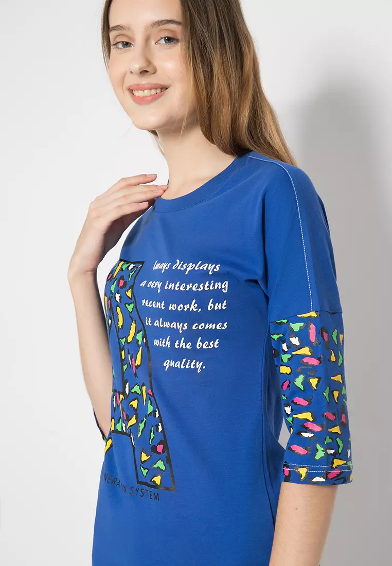 LGS - Kaos Casual Wanita - Lengan Panjang 3/4 - Biru - Gambar Sablon - LTS.555.T976.081.C-L/S