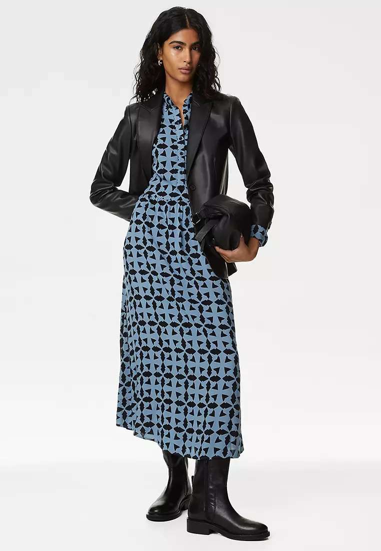 Printed Button Front Midi Shirt Dress