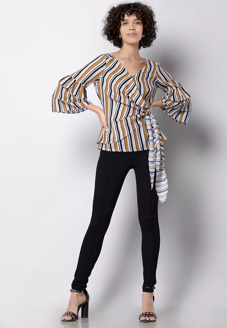 Striped Bell Sleeve Wrap Top
