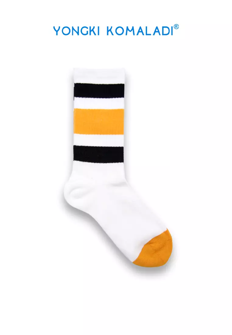 YONGKI KOMALADI KAOS KAKI MOTIF STRIPE BESAR OLDSCHOOL WARNA SOCK04 PUTIH KUNING