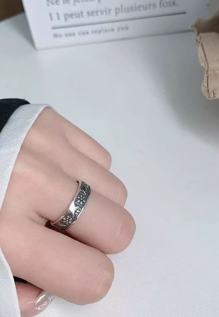 LDR24320 S925 Silver Vintage Daisy Flower Open Ring