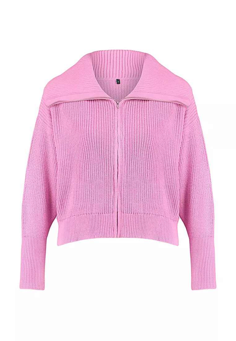 Pink Wide Pattern Turn-down Collar Zippered Knitwear Cardigan TWOAW24HI00072