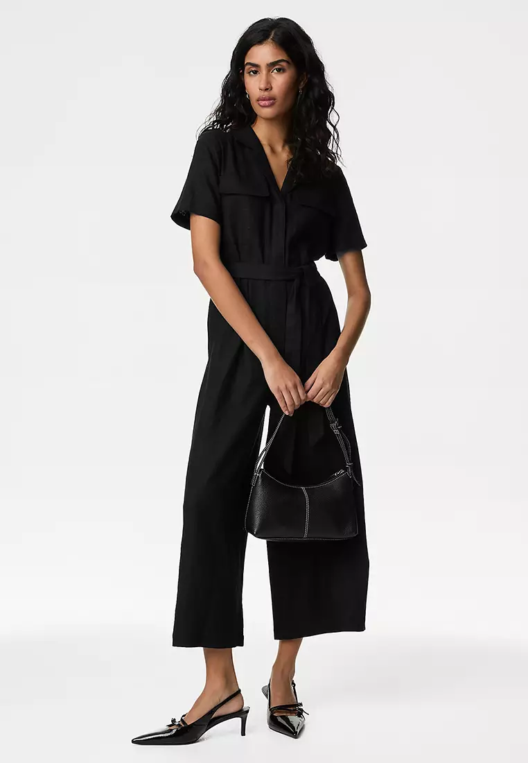 Linen Blend Belted Utility Jumpsuit