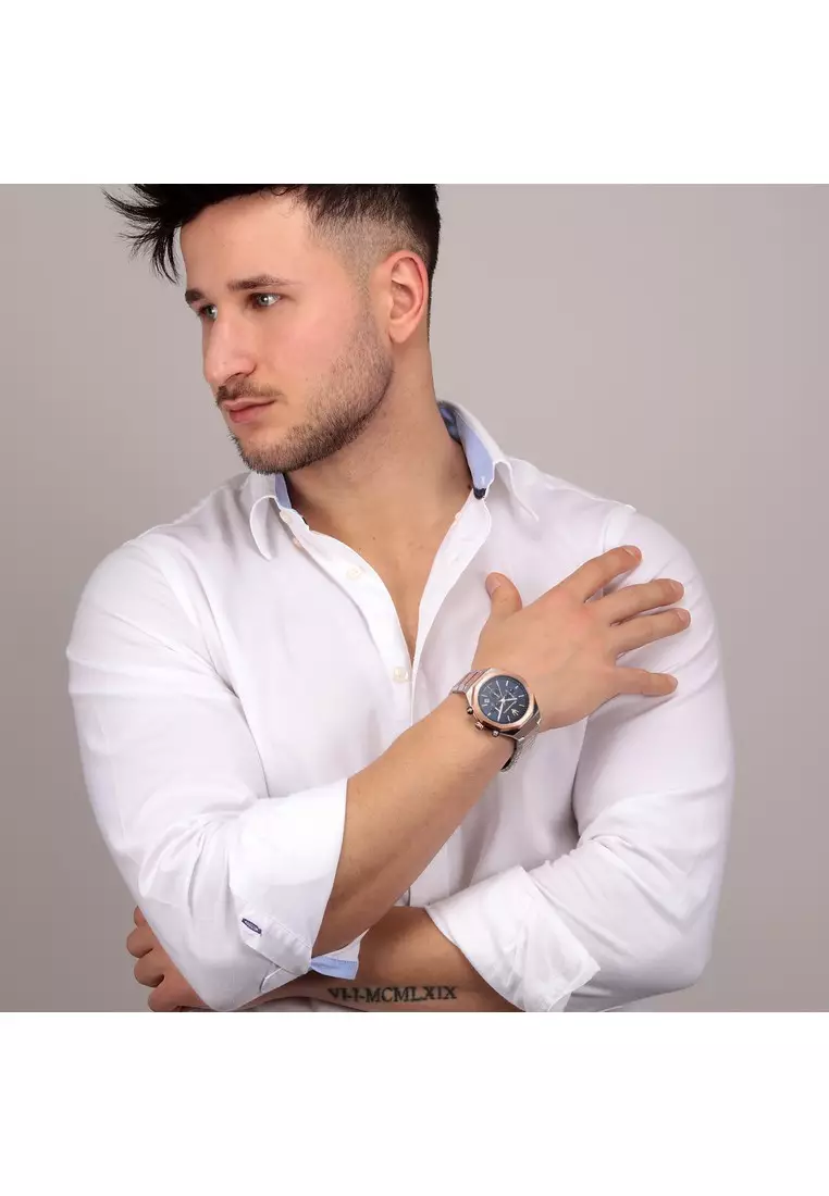 【2 Years Warranty】Maserati Stile 45mm Blue Sunray Dial Men's Chronograph Quartz Watch R8873642002 With Luminous Dial Hands