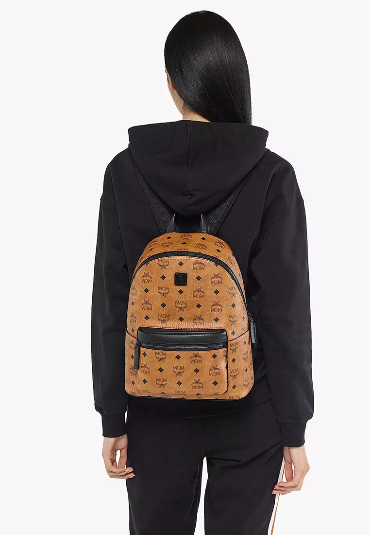 MCM Stark Backpack in Visetos Cognac & Black Nappa Leather 33 cm