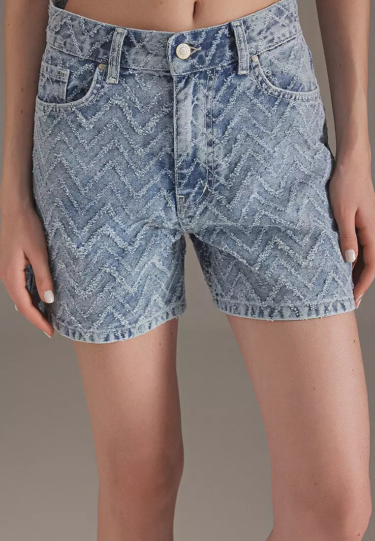 Light Blue Tassel Detail High Waist City Boy Denim Shorts TWOSS25SR00145