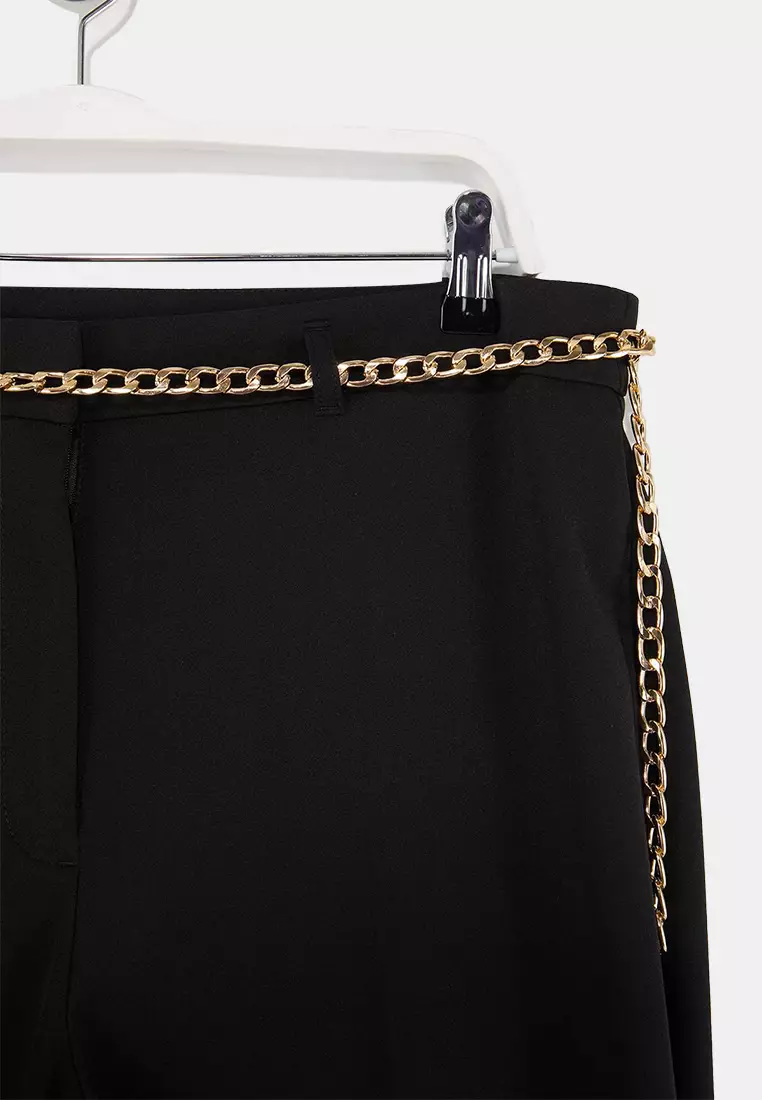 Black High Waist Pipe Leg Accessory Detailed Plus Size Woven Trousers Tbbss26Ar00015