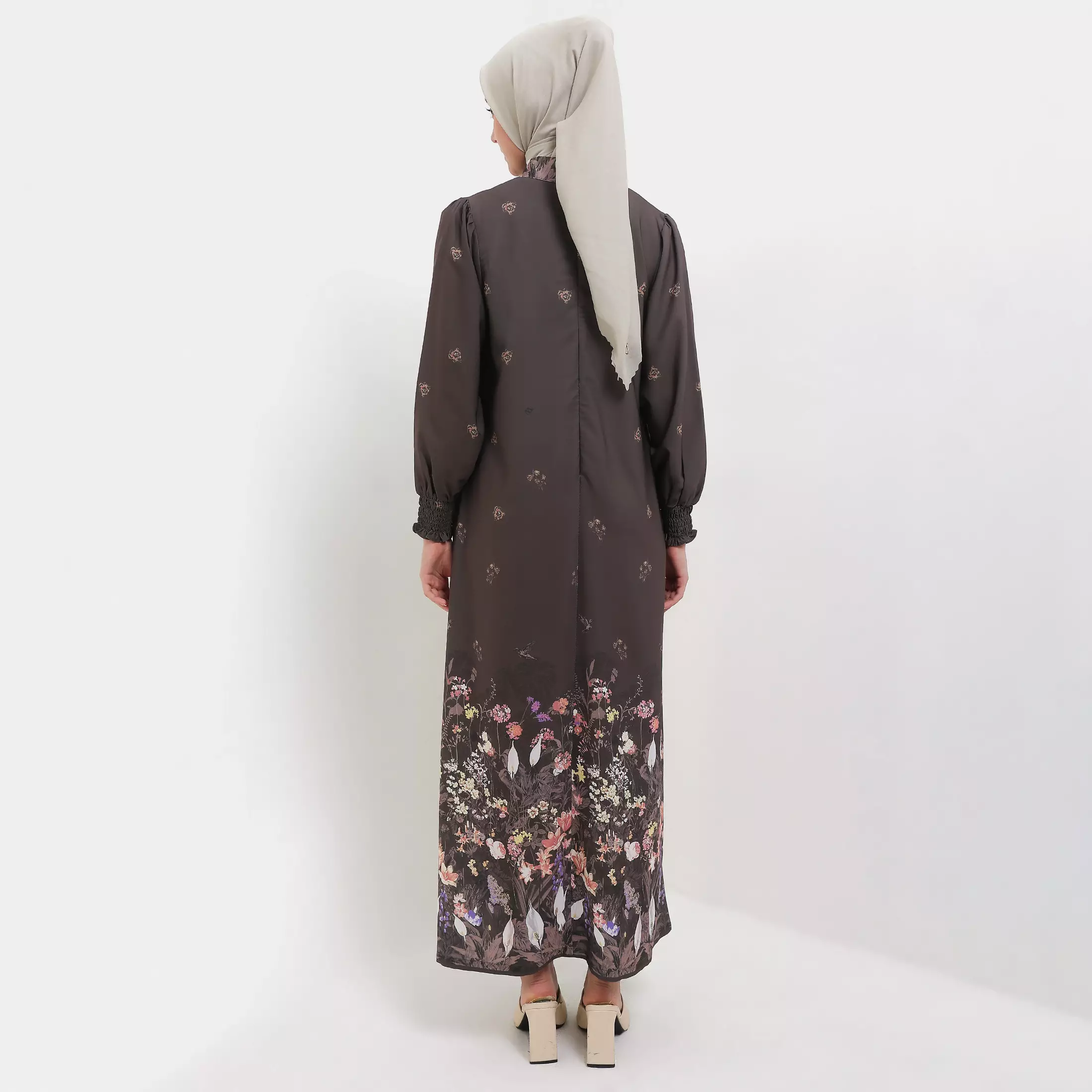 MFMW Alishbah Dress Gamis Dark Olive Satin Motif Bunga