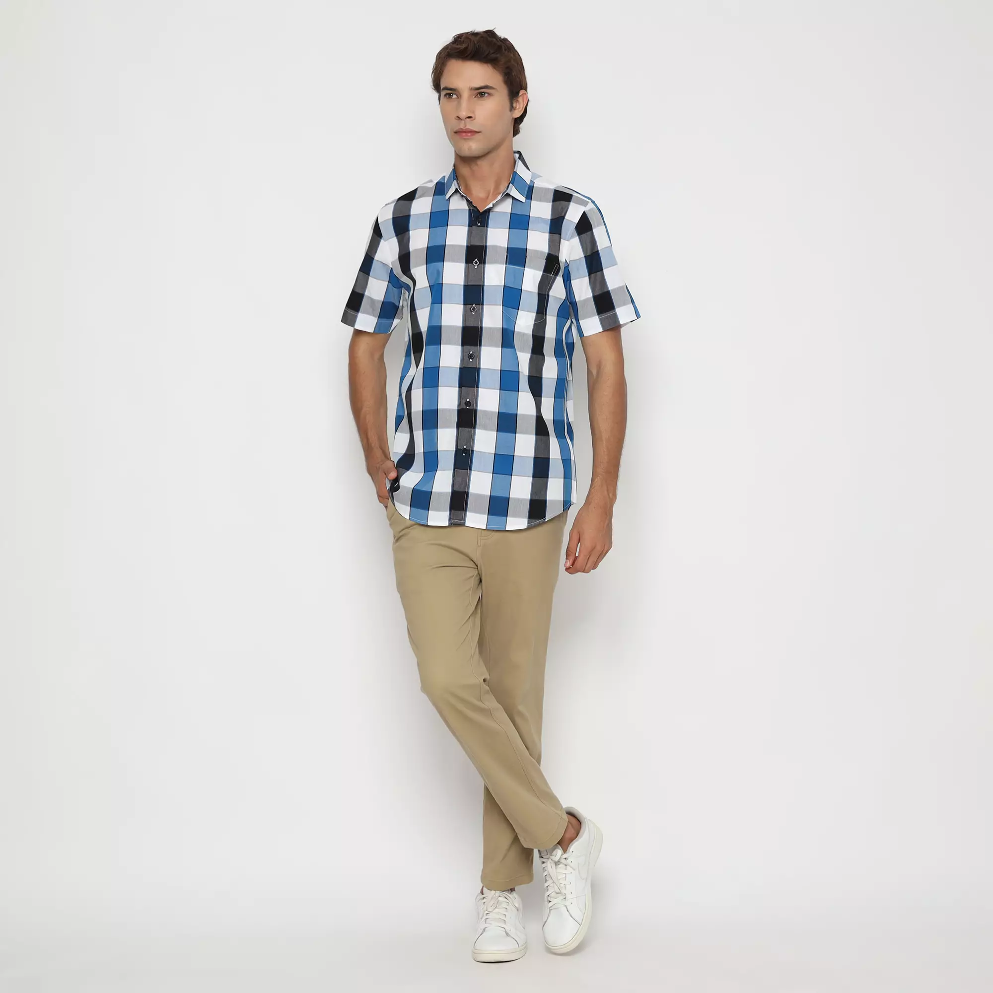 Platini Kemeja Motif Pria Lengan Pendek Katun Biru 73474