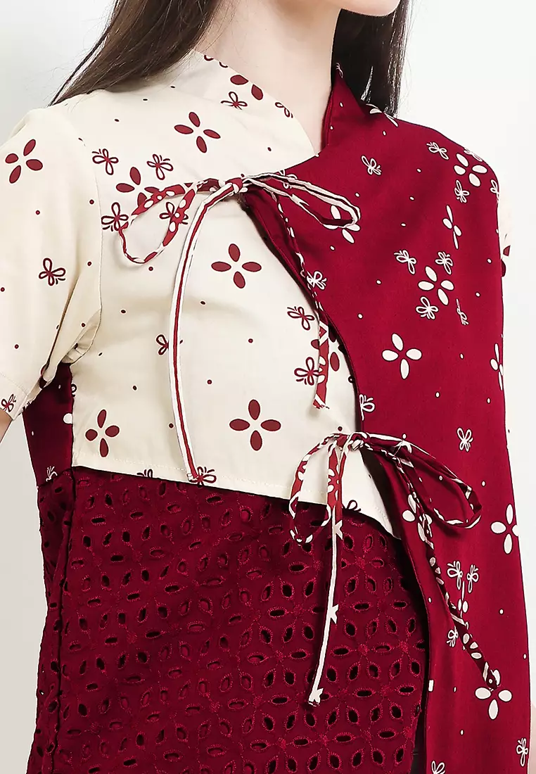 Blouse Batik Wanita Furing Kombinasi Lace Brukat Areeya Merah Maroon Lengan Pendek Natal Imlek Cheongsam