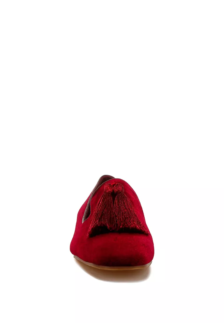 Iconic Tassel Detail Velvet Loafers in Burgundy