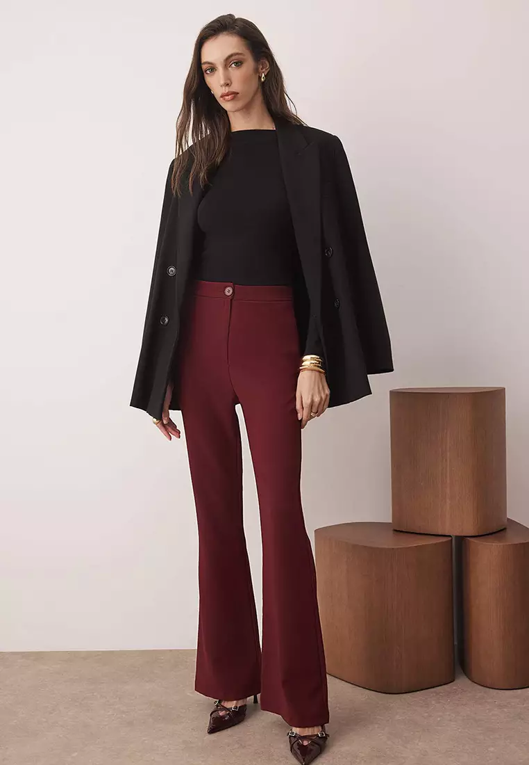 Burgundy Flare Bell-Bottom Woven Trousers Tofaw19Bb0581