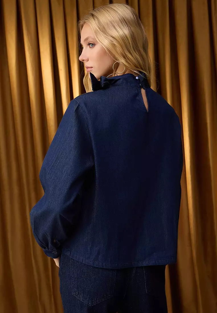 Dark Blue Tie Collar Detailed Denim Blouse Twoaw26Bz00089
