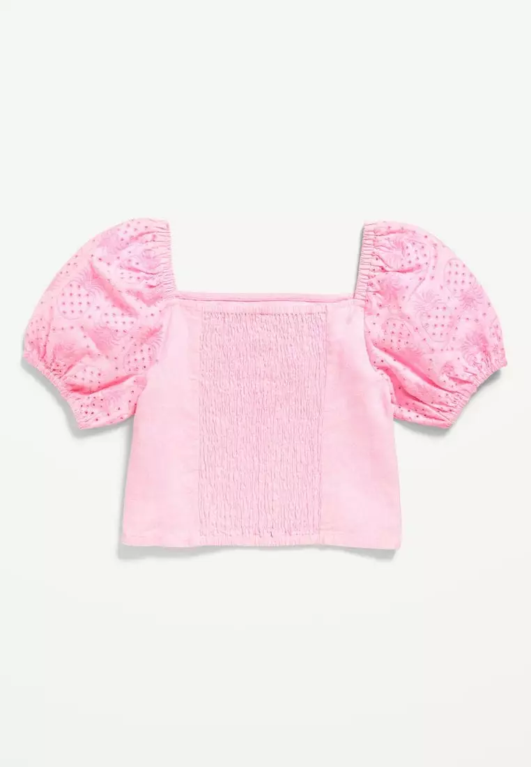 Short Puff-Sleeve Eyelet Linen-Blend Top for Girls