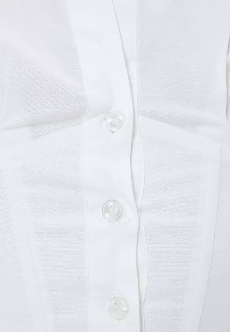 Corset Look Crop Poplin Shirt Long Sleeve Cotton Slim Fit